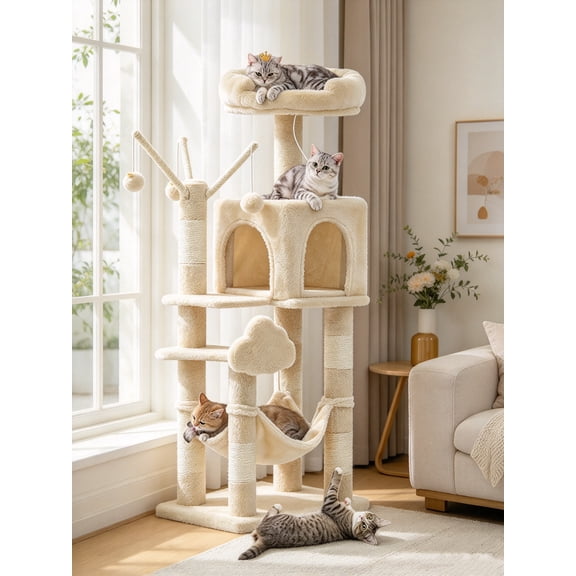 Puedo 45” Tall Cat Tree for Indoor Cats, 5-Tier Beige Cat Tower with Hammock & Condo, Large Cat Furniture