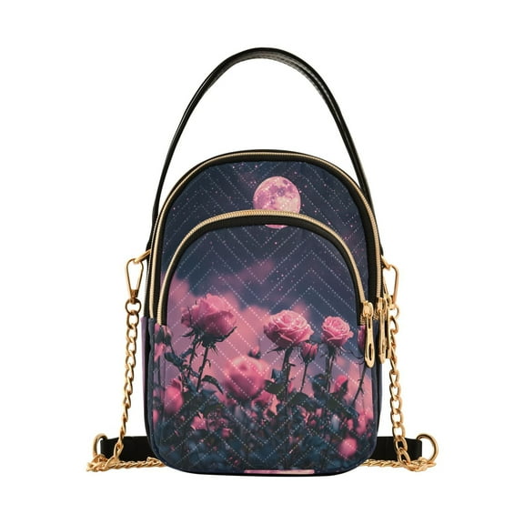 YAZAOO Cross Body Fashion Shoulder Waist Purse Bags Pink Roses and Full Moon Pocket Handbags