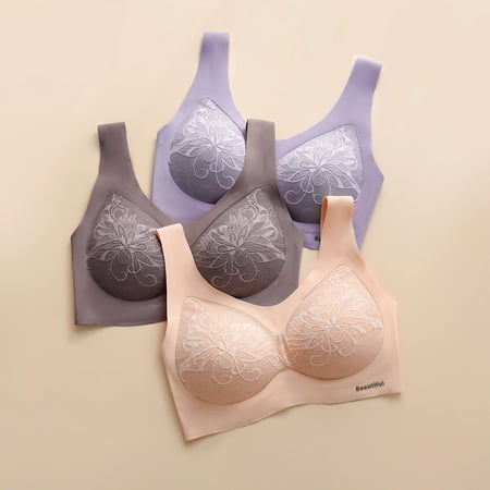 

Cathalem Running Sports Bra Removable Reduced Wireless Bra with Embroidered Lace Womens Support Bras Underwear Beige X-Large