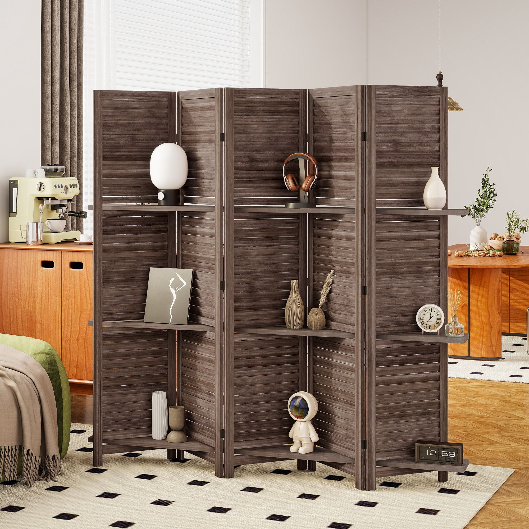 Alvantor 5 Panel Room Divider 67" Wood Privacy Screen with Storage Shelves for Porch Living Room Dorm Walnut