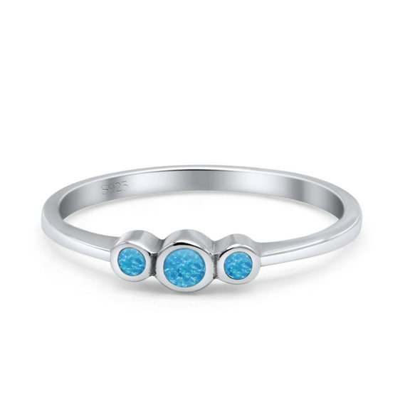 Three Stone Petite Dainty Lab-Created Blue Opal Ring Band 925 Sterling Silver Size 4