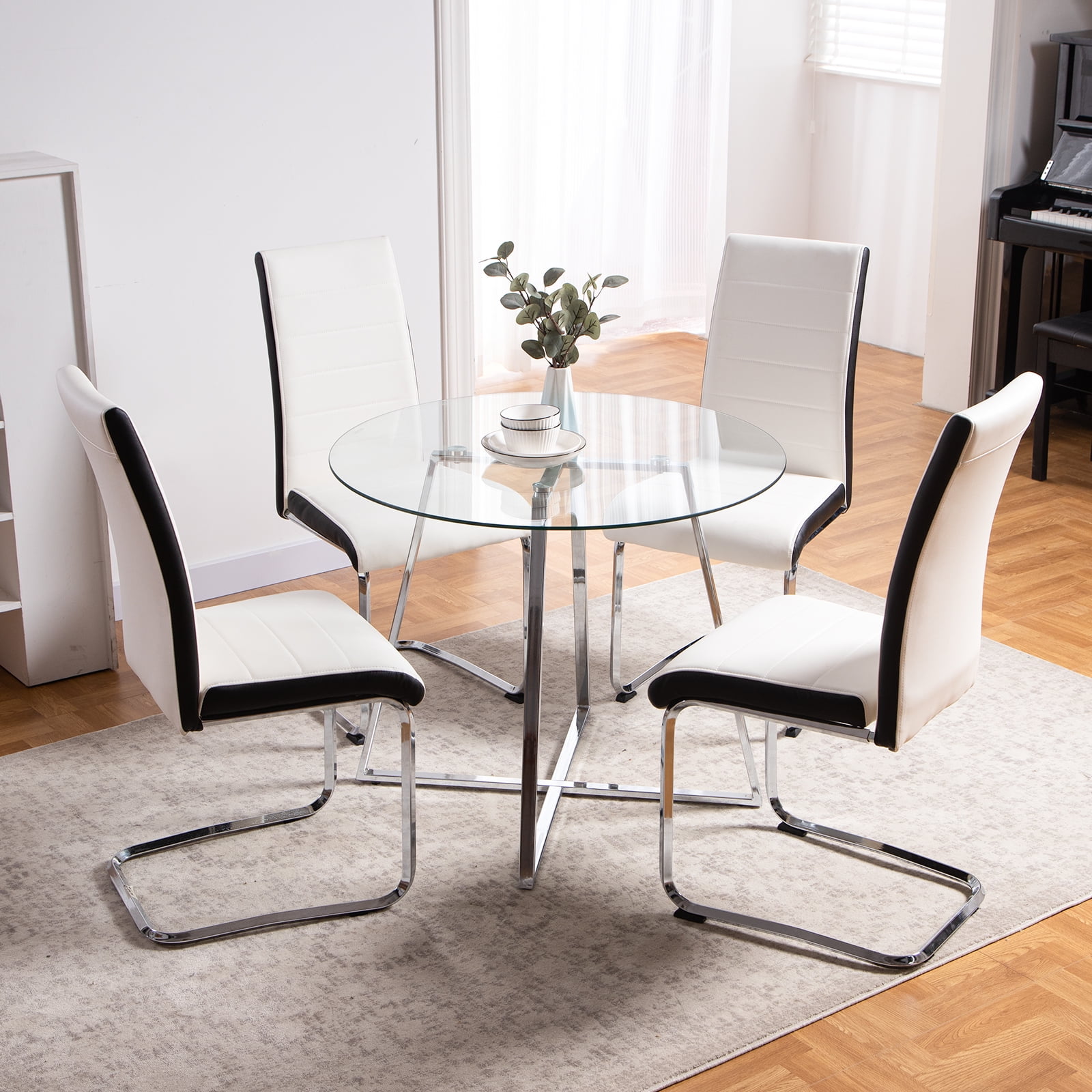 Omni House Round Dining Room Table Set for 4, Faux Leather Full Back