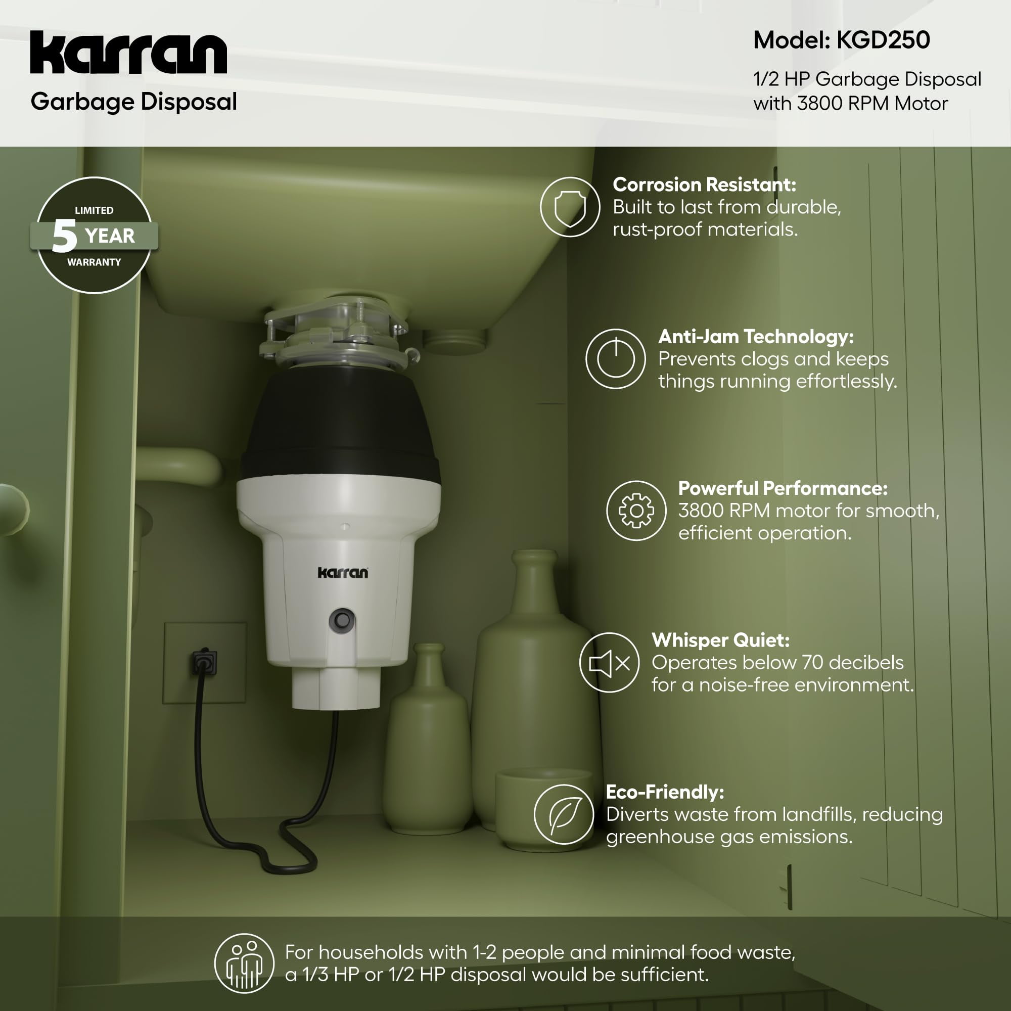Karran 1/2 HP Garbage Disposal Quiet Continuous Feed 3800 RPM Stainless Steel Chamber