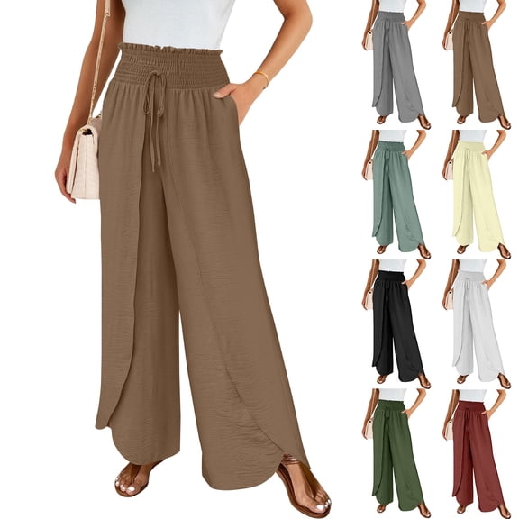 Cotton Linen Pants Women Smocked High Waisted Split Wide Leg Pants Summer Flowy Vacation Beach Pant with Pockets 2025, Light Brown M