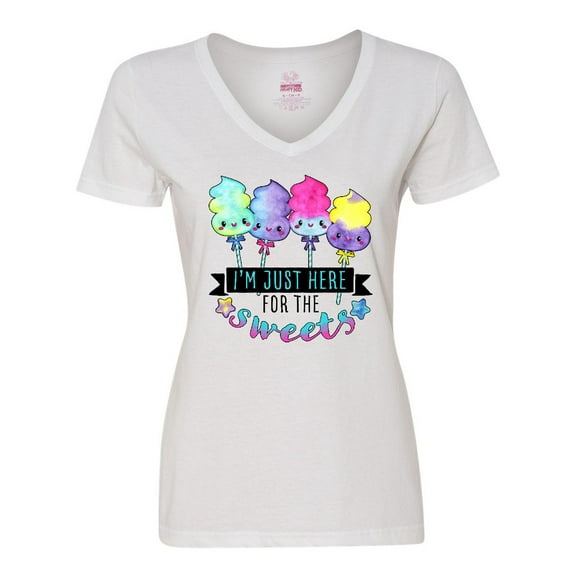 Inktastic I'm Just Here for the Sweets with Spun Sugar Candy Women's V-Neck T-Shirt