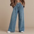 thumbnail image 2 of Mepaouo Womens Wide Leg Jeans High Waist Baggy Boyfriends Denim Pants Strechy Raw Hem Trousers(Blue,L), 2 of 9