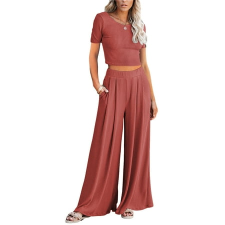 

Women 2 Piece Pajamas Ribbed Crop Top & Wide Leg Pants Homewear