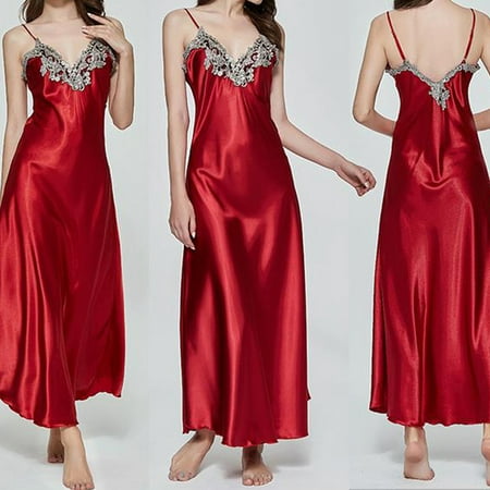 

Sexy Satin Night Dress For Women Lace V Backless Sleepwear Lingerie Silk Nightgown Sleeveless Nightdress Summer Homewear