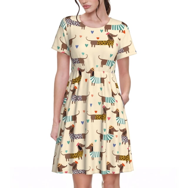 Fotbe Dachshund Dog Vestido Largo de Moda para Mujer, Vestido Tipo Camiseta con Manga Corta y Estilo Casual a Rayas y Bloques de Color
