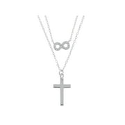 CZ Rhodium over Sterling Silver Double Layered Infinity and Polished Cross Necklace, 18"