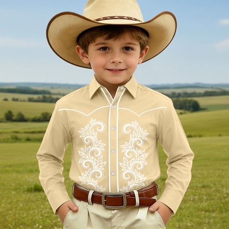 Boys Shirts Long Sleeve Turn Down Collar Western Cowboy Print Button Down Tops Stylish Soft Daily Wear Kids Shirts Size 4-5Y