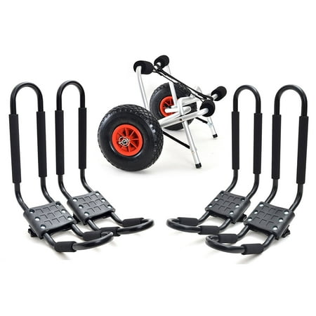 Roof Ground Mount - TMS 2 Set Roof J rack Kayak Boat Canoe Car SUV top Mount Carrier with 1 Dolly Cart Trailer Carrier Wheels