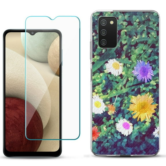 Slim-Fit TPU Phone Case Compatible with Samsung Galaxy A02s, with Tempered Glass Screen Protector, by OneToughShield ® - Daisy Paint