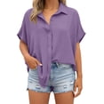 thumbnail image 3 of Horkkom Womens Summer Tops Short Sleeve Solid Color Button Down Shirts Collared Loose Casual Tops Slit Side XXL, 3 of 8