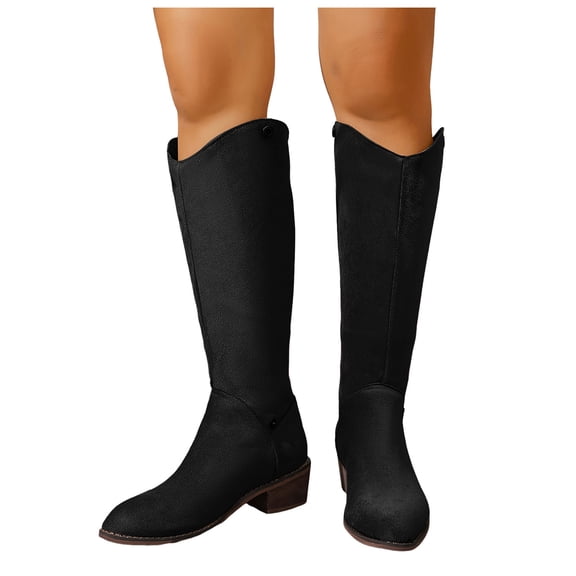 Rokment Womens Wide Calf Knee High Cowboy Boots Winter Spring Fashion Casual Solid Suede Pointed Toe Chunky Mid Heel Knee Length Long Tall Cowgirl Riding Boots Black Size 6