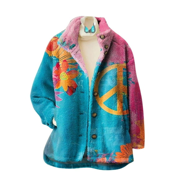 Women's Fall Jackets Vintage Floral Print Fleece Fuzzy Lapel Button Down With Pocket Warm Padded Lightweight Coats
