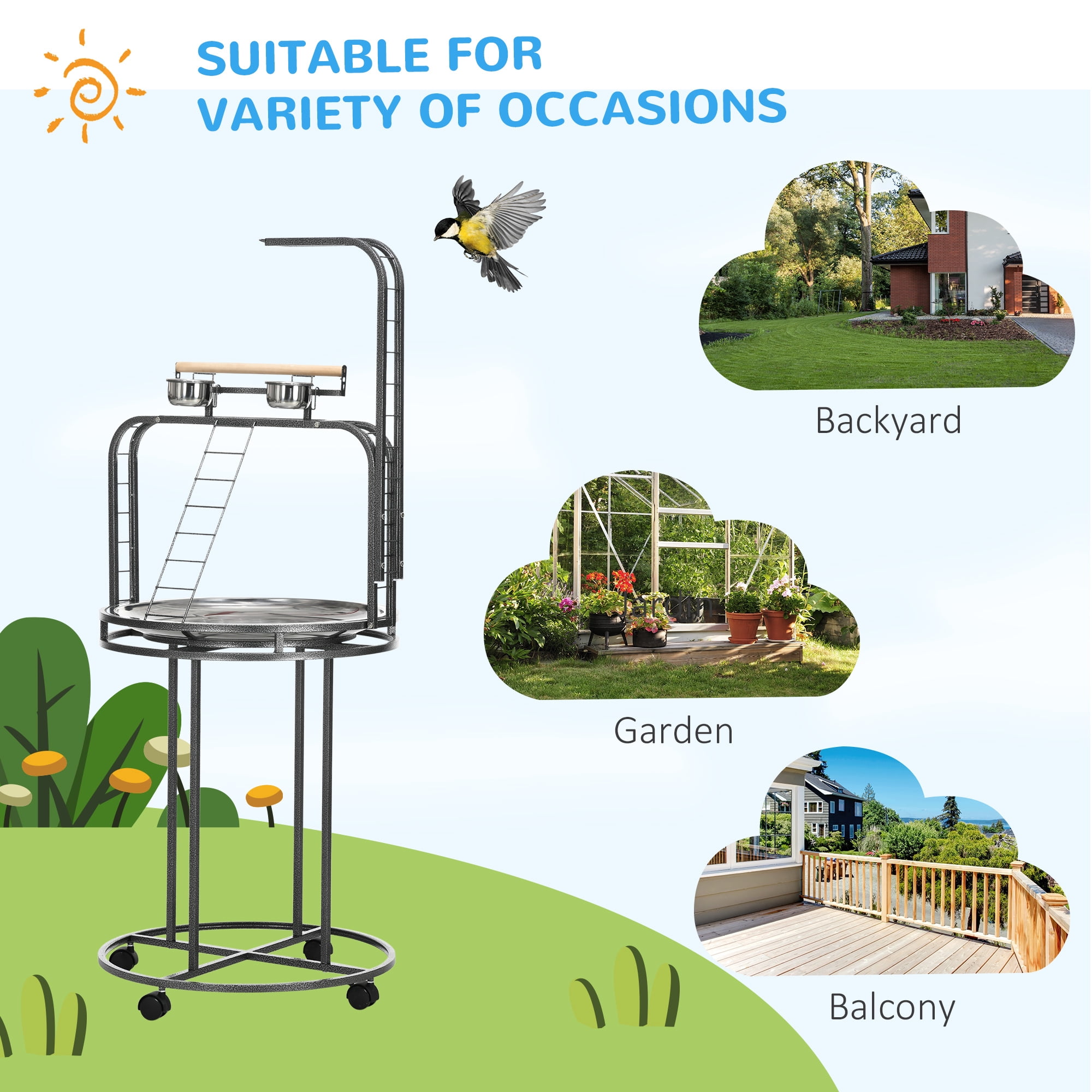 Parrot Stand Large Bird Perch Stand with Toy Hook & 3 Ladders, Parrot Perch with Easy Grip, Bird Wooden Stand, Gray