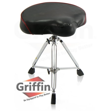 Saddle Drum Throne with Back Rest Support by Griffin Padded Leather Drummer Seat Motorcycle Style Chair Swivel Adjustable Height Drum Chair for Adults Percussion Stool with Double Braced