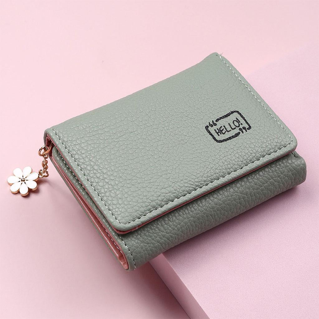 Women Wallet Mini Folding PU Leather Short with ID Window Coin Purse Green