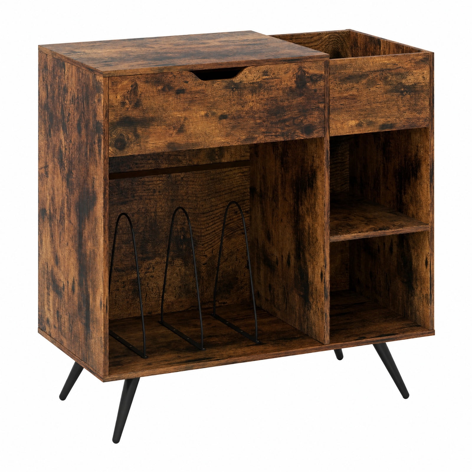 Furnibear Record Player Stand with Power Outlets USB Type-C Ports Drawer and Removable Divider Cubby for Living Room, Rustic Brown