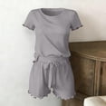 thumbnail image 5 of DYTTDG Women's Silk Short Sleeve Pajama Set | 2-Piece Ruffle Hem Top & Drawstring Shorts with Side Pocket, Solid Color Loungewear for Summer, 5 of 7