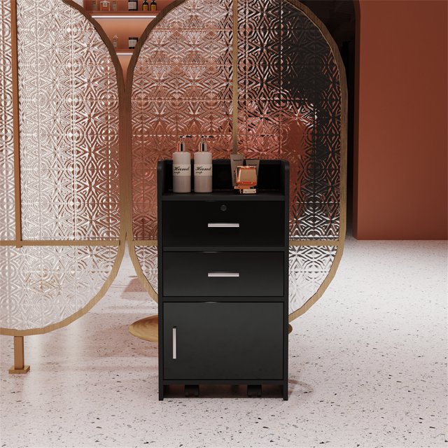Locking Wood Storage Station with 3 Hair Dryer Holder, Stylist Equipment with 2 Drawers & Cabinet, Large Storage Space for Beauty Salon, Black and Silver