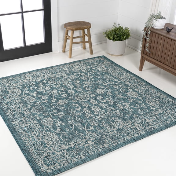 JONATHAN Y SANTA MONICA 9' Square Area Rug, Tela Bohemian Textured Weave Floral - Teal/Gray, SMB100C-9SQ