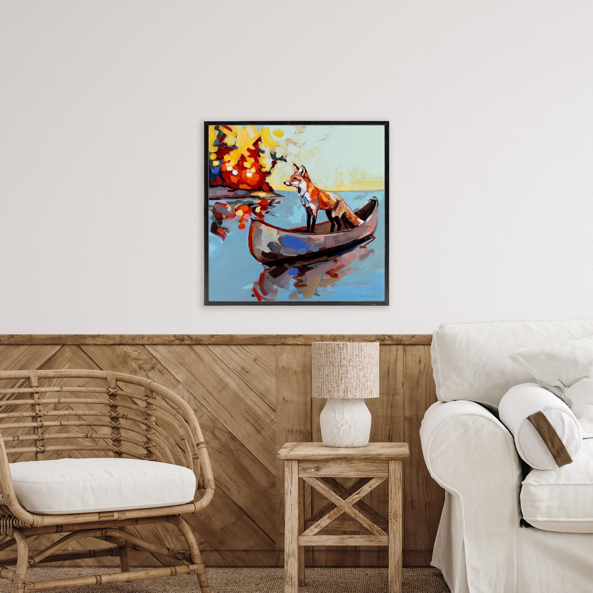 Fox's Voyage on Canoe Black Framed Giclee Art, design by Adam Swanson