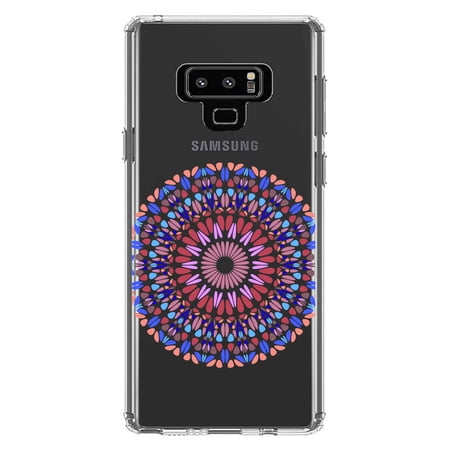 DistinctInk Clear Shockproof Hybrid Case for Samsung Galaxy Note 9 - TPU Bumper Acrylic Back Tempered Glass Screen Protector - Modern Mandala - Blue Red Pink