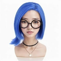 Sadness Blue Bob Wig with Black Glasses for Women  Cosplay Halloween Party Wig,Halloween Costume Party Wig for fans
