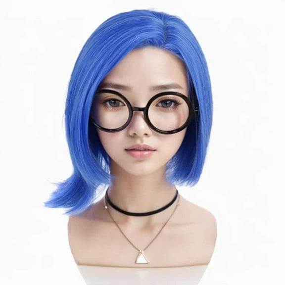 Sadness Blue Bob Wig with Black Glasses for Women  Cosplay Halloween Party Wig,Halloween Costume Party Wig for fans