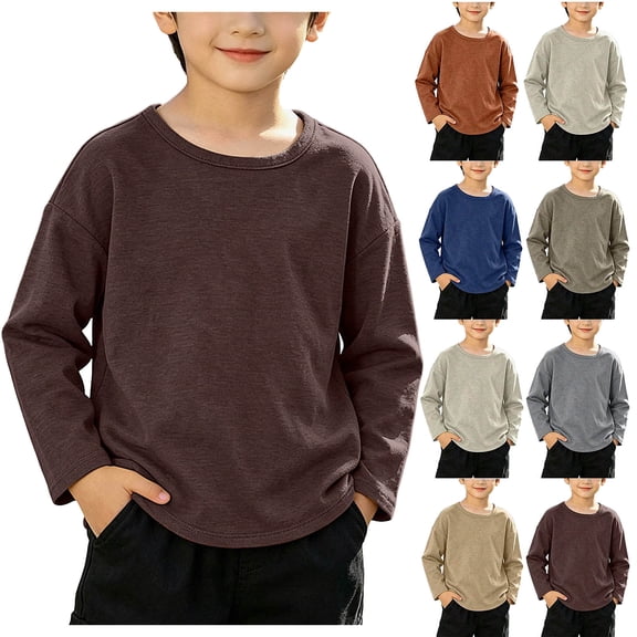 DJDLJWCJ Kids Boys Cotton Long Sleeve Tee Crewneck Loose Fit Basic Tees Tops Stretch Soft Comfortable Shirts Coffee Size 2T