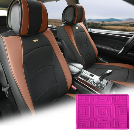 FH Group Brown Black PU Leather Front Bucket Seat Cushion Covers for Auto Car SUV Truck Van with Hot Pink Dash Mat