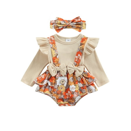 

MissiMae Infant Baby Girls Romper Floral Print Knitted Ribbed Patchwork Round Neck Long Sleeve Jumpsuits Ruffles Bodysuits with Headband