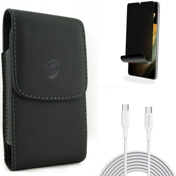 Case Belt Clip & Privacy Screen Protector & 6ft Long Type-C Cable for Samsung Galaxy S22 Plus (S22 ) - Combo Leather Holster Cover & TPU Film (Fingerprint Works) Anti-Peep & PD Fast Charger Cord Power