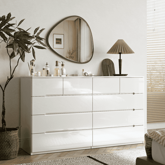 55'' W 10-Drawer White Dresser, Modern High Gloss Storage Chest for Bedroom, Living Room, Entryway