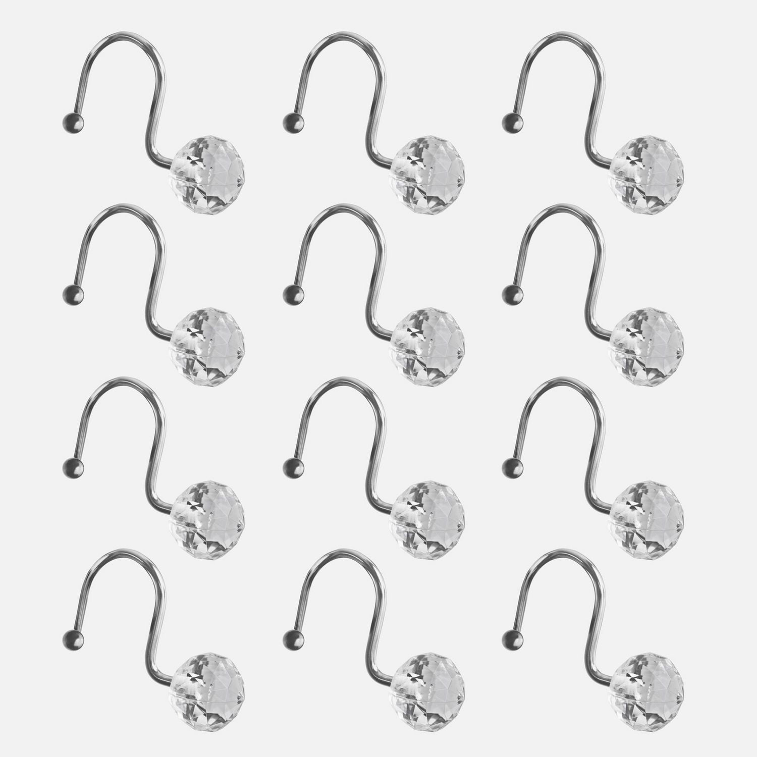 Mainstays Crystal Ball Metal Shower Curtain Hooks, Chrome, Set of 12