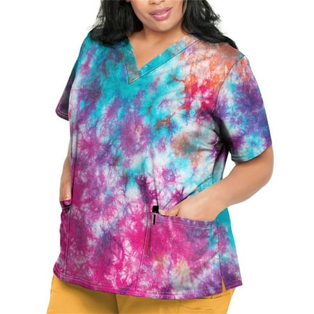 

Sksloeg Scrubs Tops Women Plus Size Tie-dye Printed Top V-Neck Workwear Short Sleeve T-Shirts with Pockets Nursing Working Uniform Red XXL