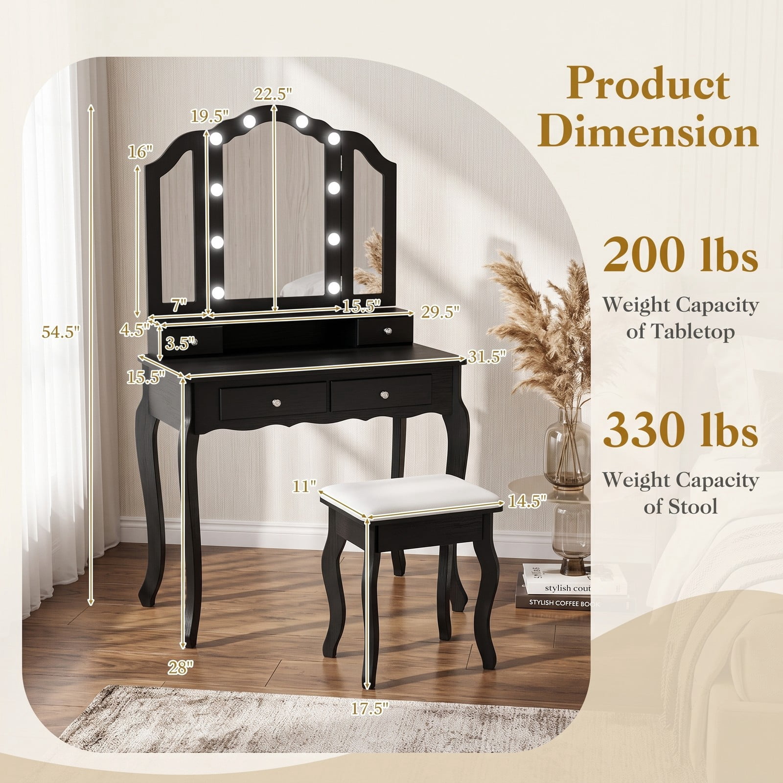 Furnibear Makeup Vanity Table Set with Tri Folding Lighted Mirror and Drawers and Cushioned Stool for Bedroom and Dressing Room, Black