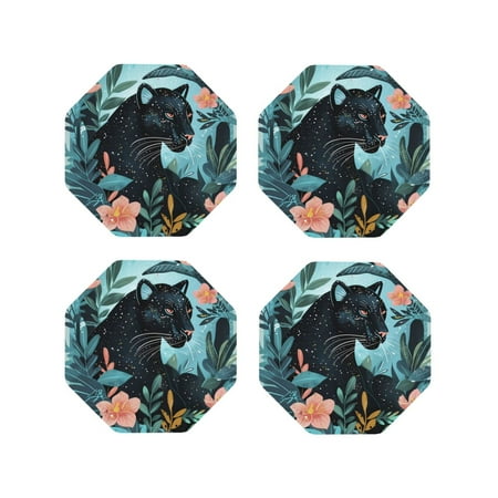 

Yiaed Black Panther Floral Illustration Print Leather Coasters for Drinks - Cup Coasters Coffee Table Kitchen Table Bar Home & Office Gifts Handmade Drink Coasters-Octagon