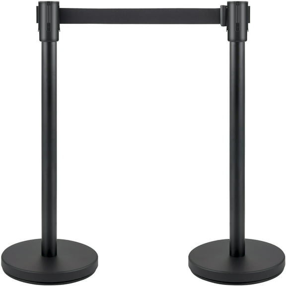 KFFKFF Stanchion Barrier, 4-Pack, 6.6 ft Black Retractable Belt, Durable Crowd Management Posts with Concrete & Metal Base for Quick Setup