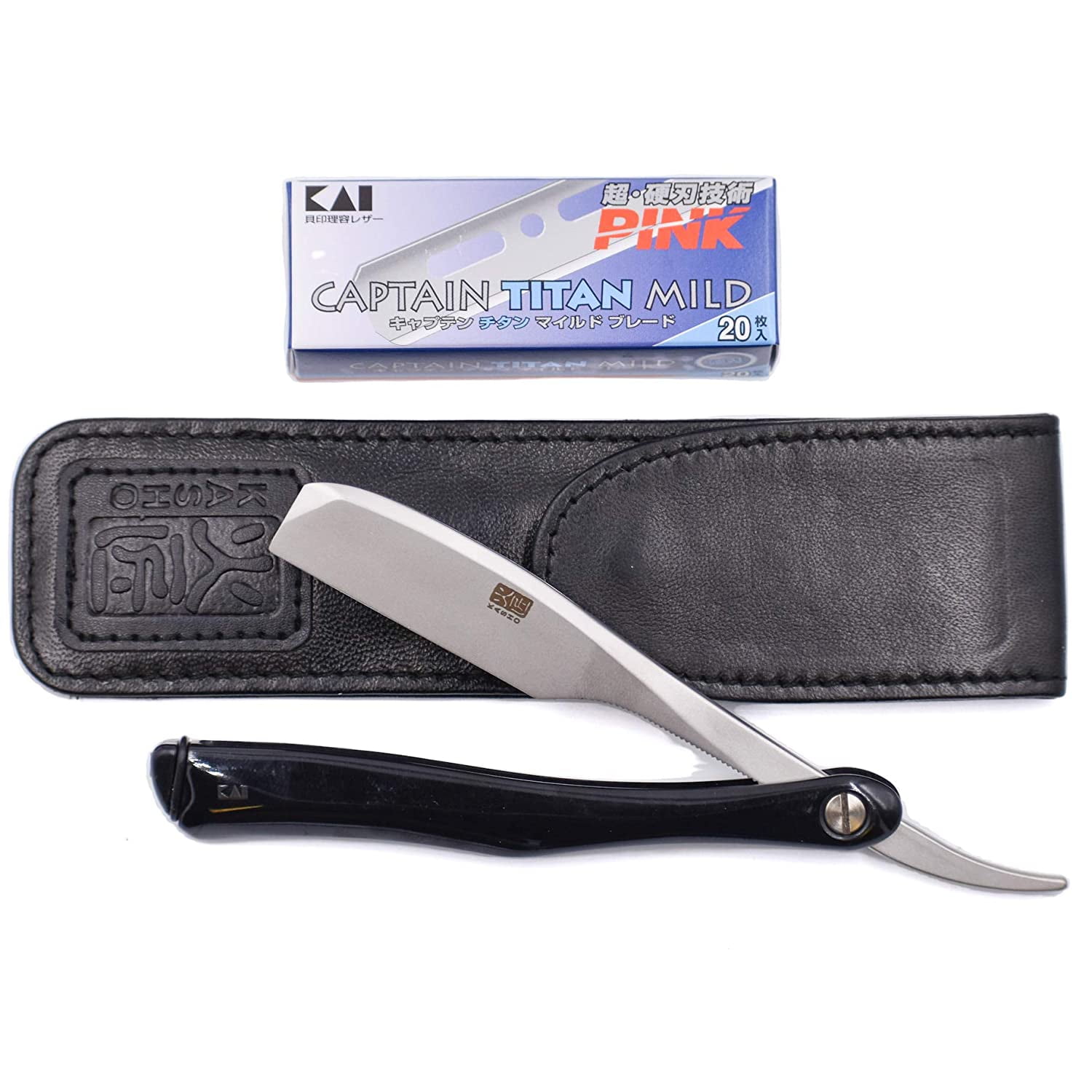 Kai Kasho Captain Japanese Professional Folding Straight Edge Barbering Razor with Leather Case - 20 Kai Captain Titan Blades Included