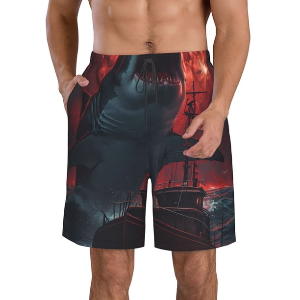Balery Red Moon Shark Sailboat Traje de Baño Estilo Hawaiano para Hombre, Shorts de Secado Rápido con Bolsillos-XX-Large
