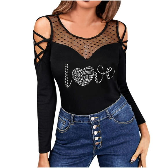 Rhinestone Tops for Women Valentine Shirts Mesh Splicing Blouses Hollow Out Long Sleeve Top Sexy Slim Fit Blouse