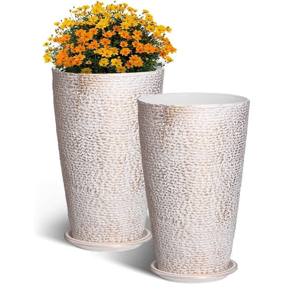 Set of 2 Tall Outdoor Planters 21" H, Round Large Planters for Front Porch and Patio, Stone Finish Flower Tree Plant Pots