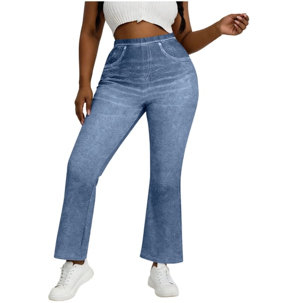 Pantalones de Cintura Alta para Mujeres Casual Cintura Elástica Caminando con Bolsillos Pantalones Impresos No Tela de Denim Imitación Pantalones de Denim Cómodos para Salir