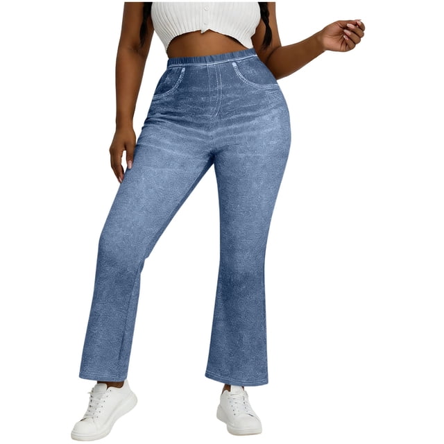 Pantalones de Cintura Alta para Mujeres Casual Cintura Elástica Caminando con Bolsillos Pantalones Impresos No Tela de Denim Imitación Pantalones de Denim Cómodos para Salir