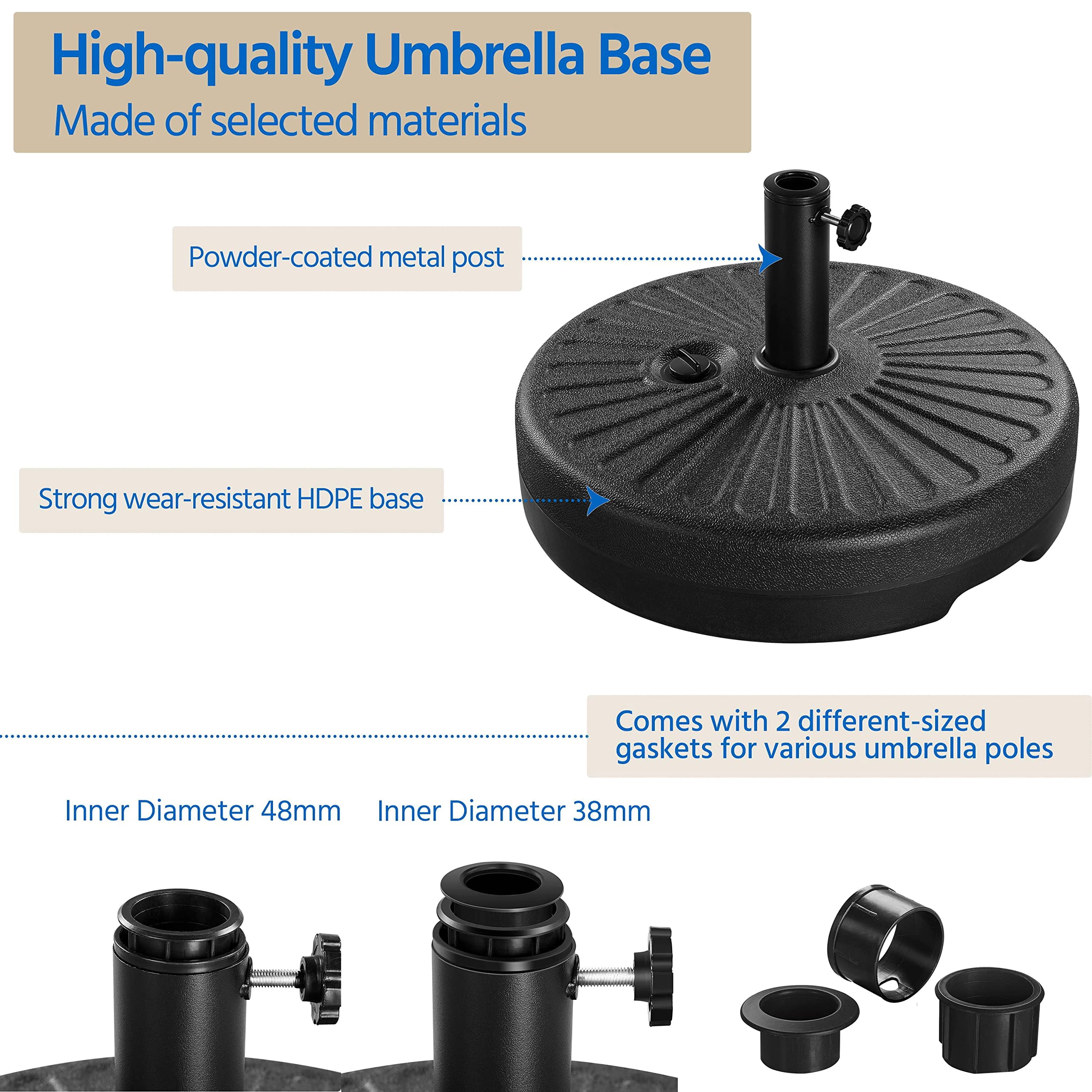 Yaheetech Umbrella Base 85.7lbs Round Water & Sand Filled Patio Outdoor Umbrella Stand with Steel Umbrella Holder Suit for Dia 1.5'' or 1.9'' Umbrella Pole, Black