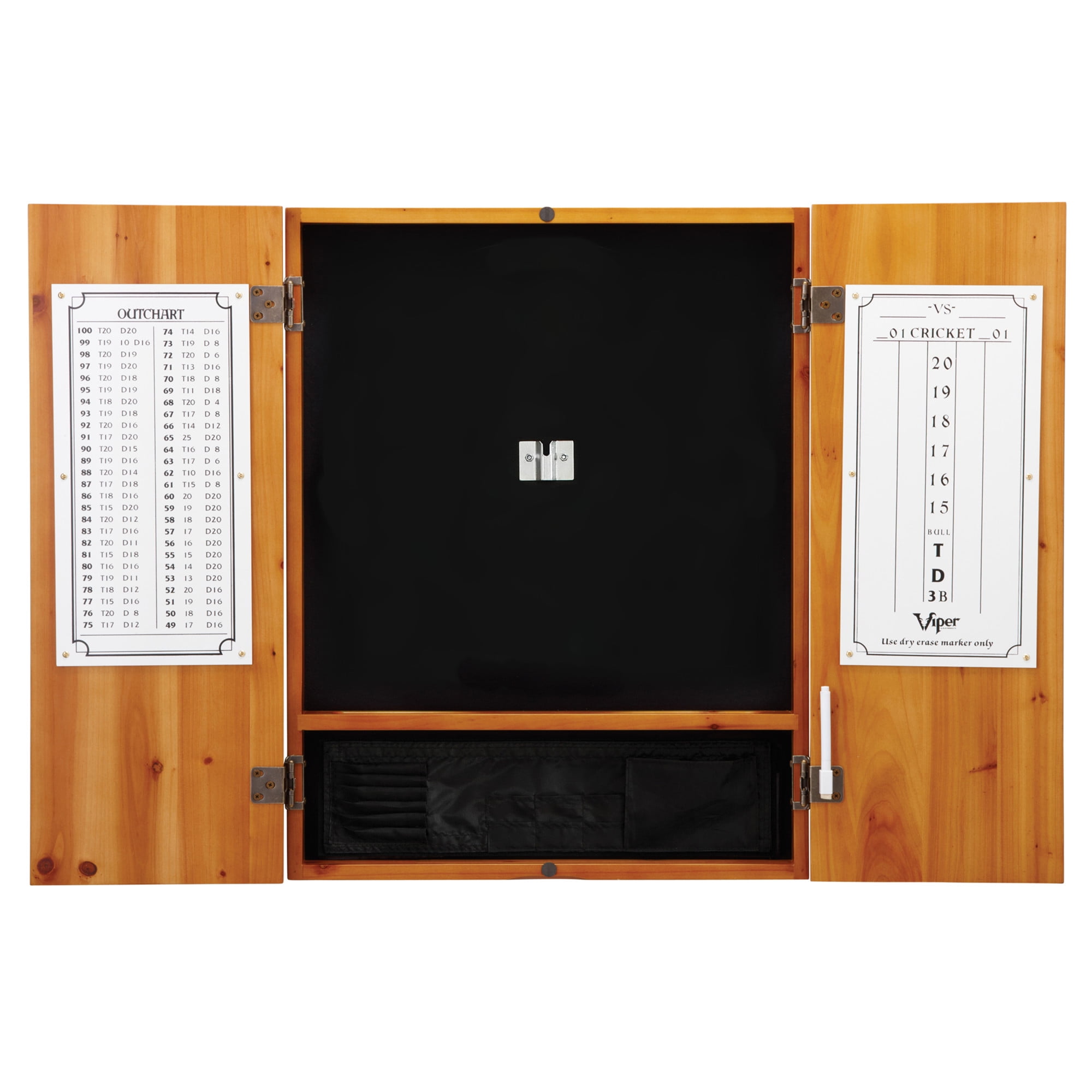 Viper League Sisal Dartboard, Metropolitan Oak Cabinet, Shadow Buster Dartboard Lights, "The Bull Starts Here" Throw Line Marker & Underground Raven Steel Tip Darts