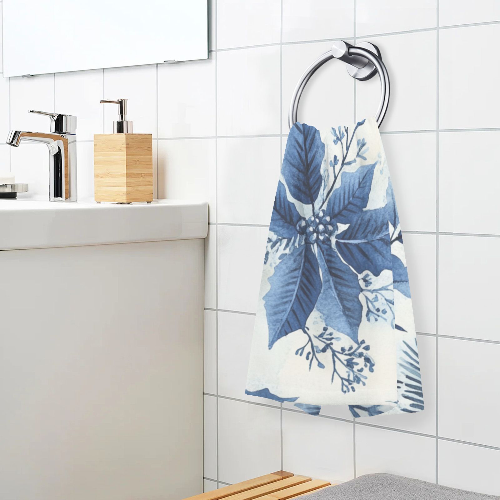 Blue Leaves and Flowers Hand Towels Cotton Bath Towels Large Face Towels Absorbent for Bathroom 2 Packs